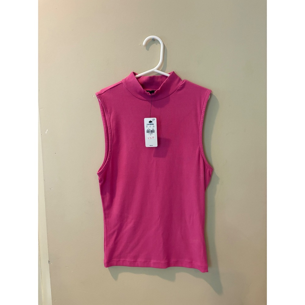 New Express Fitted Ribbed Mock Neck Sleeveless Top Pink 06412189 Small NWT